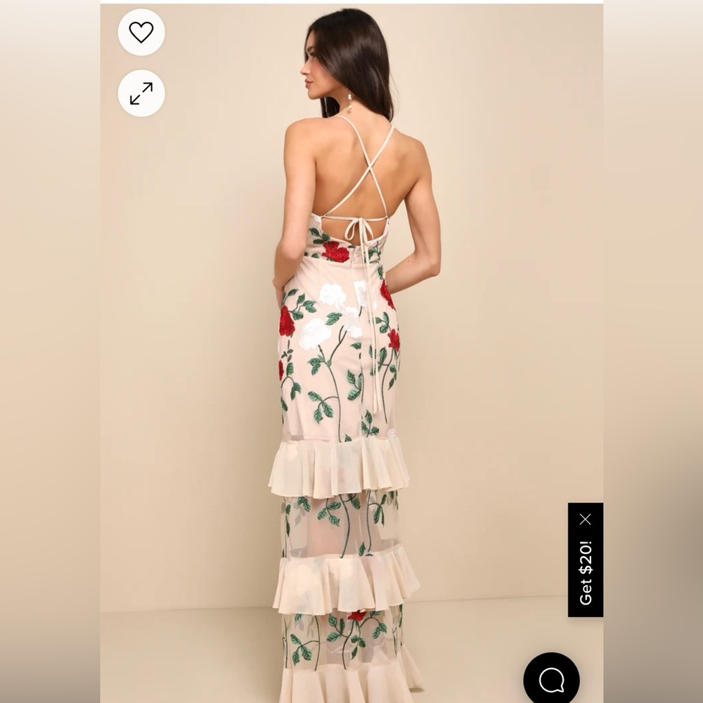 True to Heart Beige Floral Embroidered Ruffled Tiered Maxi Dress - Picture 2 of 6